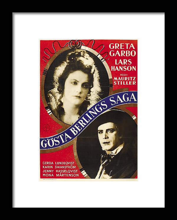 Greta Garbo Framed Print featuring the mixed media ''The Saga of Gosta Berling'' with Greta Garbo and Lars Hanson, 1924 by Movie World Posters