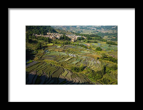 Rice Paddy Framed Print featuring the photograph The scenery of the terraced fields by Zhouyousifang