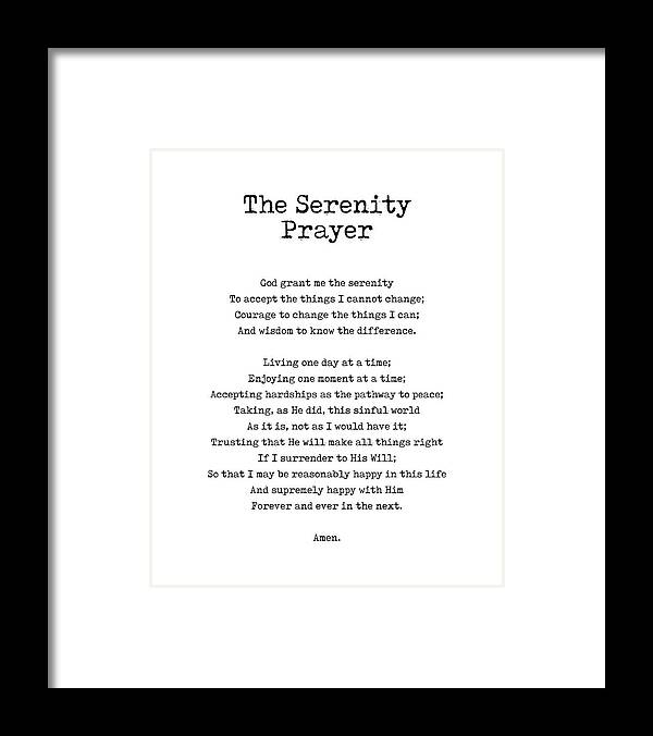 The Serenity Prayer Framed Print featuring the digital art The Serenity Prayer - Reinhold Niebuhr Poem - Literature - Typewriter Print 2 by Studio Grafiikka