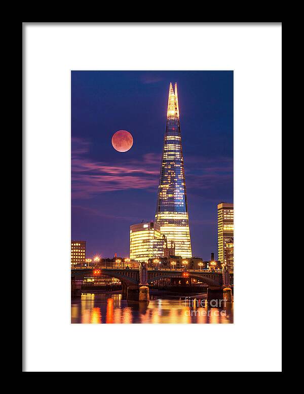 London Framed Print featuring the photograph The Shard and red moon, London by Neale And Judith Clark