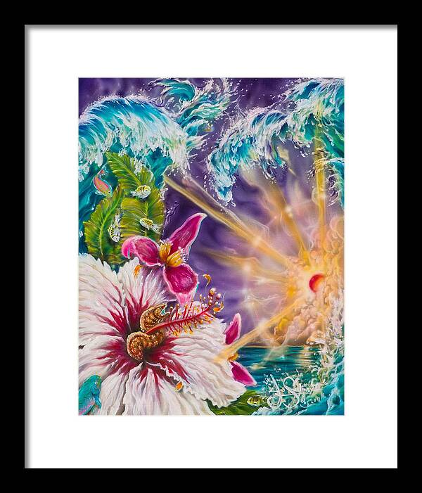 Aloha Coral Reefs Banana Flower Moray Eels Sunlight Sunset Parrotfish Seargent Fish Waves Floral Reefs Framed Print featuring the painting A Shifting by Joel Salinas III