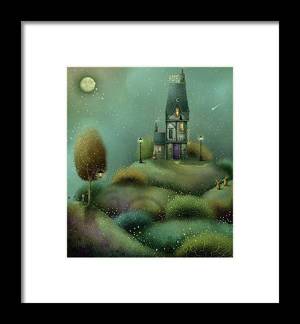Hotel Framed Print featuring the painting The Sleepy Moon Hotel by Joe Gilronan