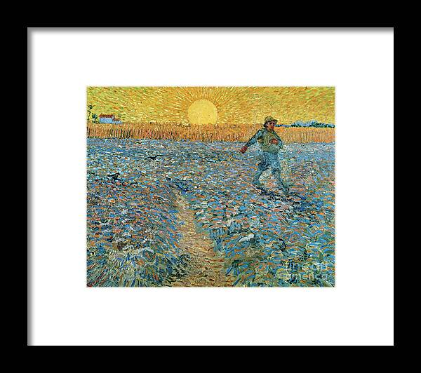 Vincent Van Gogh Framed Print featuring the painting The sower in the setting sun by Vincent van Gogh