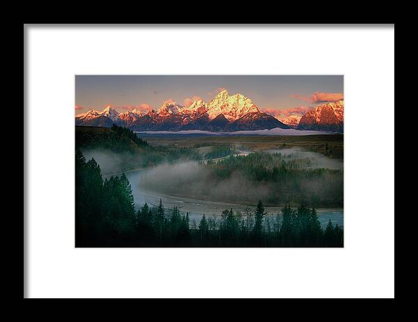 Tetons Framed Print featuring the photograph The Tetons Sunrise at Snake River Overlook by Mark Miller