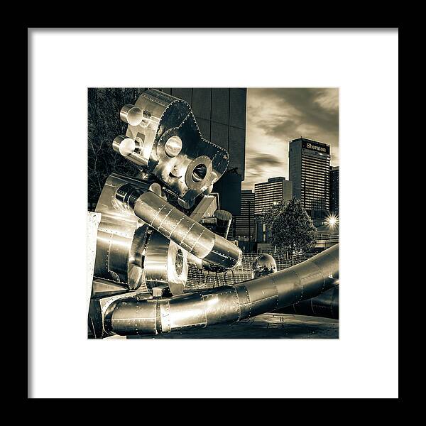 Dallas Traveling Man Framed Print featuring the photograph The Traveling Man - Waiting on A Train - Deep Ellum Texas Sepia by Gregory Ballos