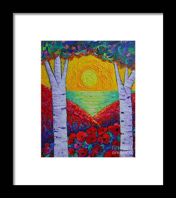 Poppy Framed Print featuring the painting THE TWO OF US abstract landscape poppies and trees by the sea at sunrise by Ana Maria Edulescu by Ana Maria Edulescu