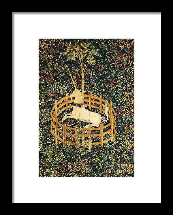 The Unicorn Rests In A Garden Framed Print featuring the painting The Unicorn Rests in a Garden by The Unicorn Tapestries