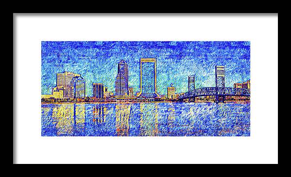 Downtown Jacksonville Framed Print featuring the digital art The waterfront of downtown Jacksonville, Florida - digital painting by Nicko Prints