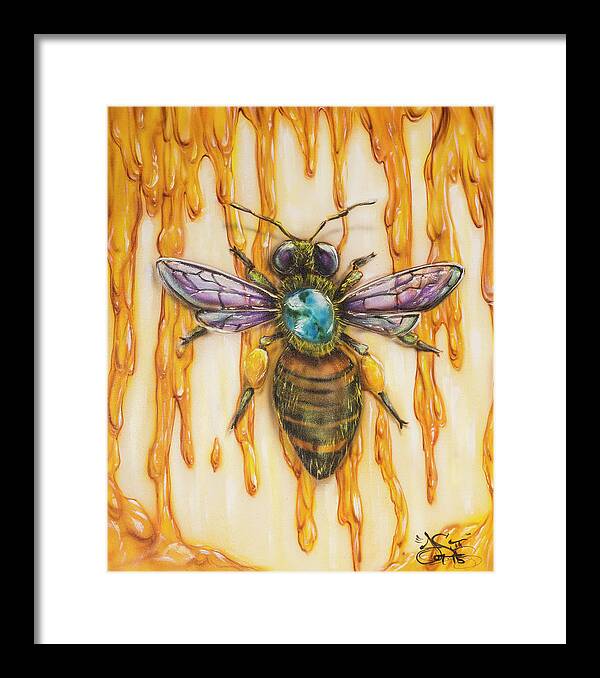 Honeybee Earth Honey Dripping Sustain Save The Earth Framed Print featuring the painting The Weigh of the World by Joel Salinas III