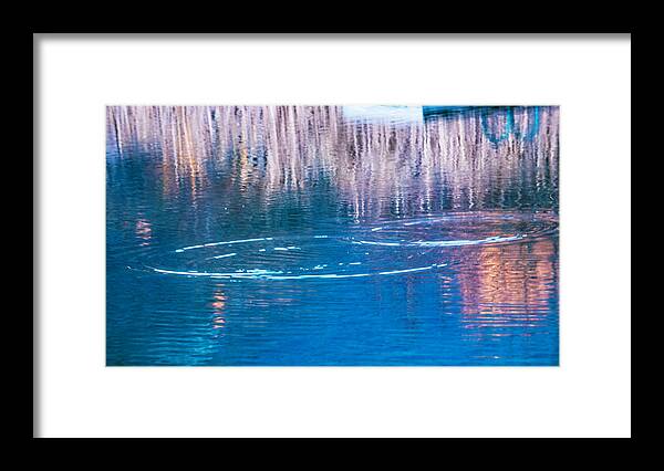The Two Circles Reveal The Life Hidden Below The Water. The Reflections Of Reeds And The Small Pier Show The Magic Of Our Land World Through The Alchemy Of Water. Taken In Drôme Provençale Framed Print featuring the photograph The World Below the Water by Jean Gill
