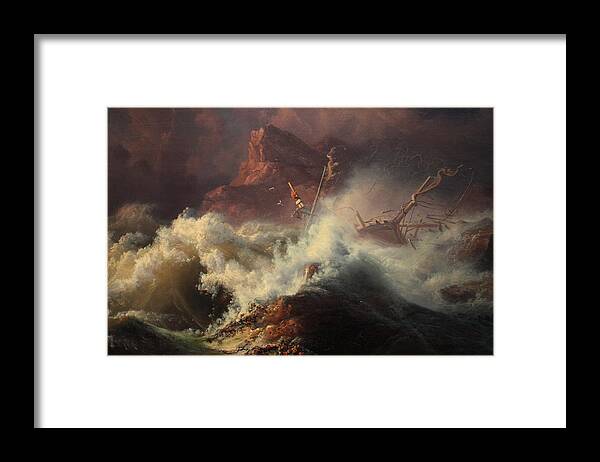 Vintage Framed Print featuring the painting The Wreck, by Knud Andreassen Baade c.1835 by MotionAge Designs
