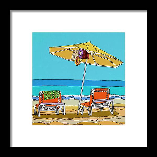 Beach Chairs Sand Ocean Water Summer Umbrella Framed Print featuring the painting The yellow umbrella by Mike Stanko