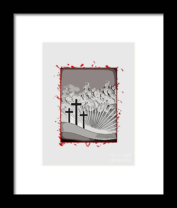 Three Calvary Crosses Framed Print featuring the digital art Three Calvary Crosses with Blood by Walter Herrit