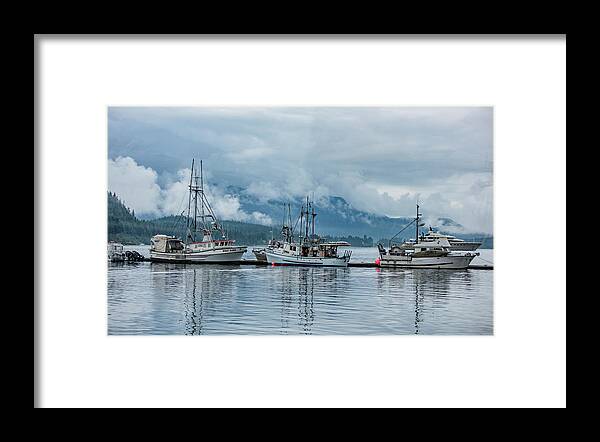 Alaska Framed Print featuring the photograph Three Fishing Vessels Waiting in Juneau by Marcy Wielfaert