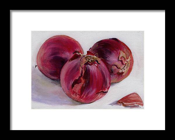 Still-life Framed Print featuring the painting Three More Onions by Sarah Lynch