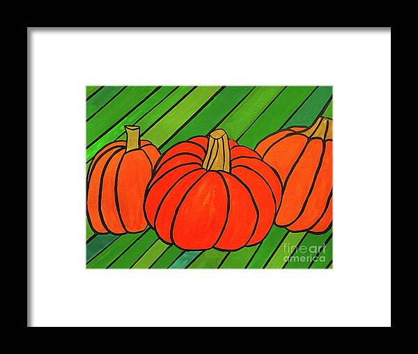 Fall Framed Print featuring the mixed media Three Pumpkins by Lisa Neuman
