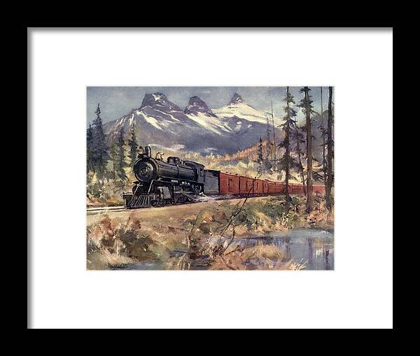 Train Framed Print featuring the painting Three Sisters, Rockies by Canadian Pacific Railway