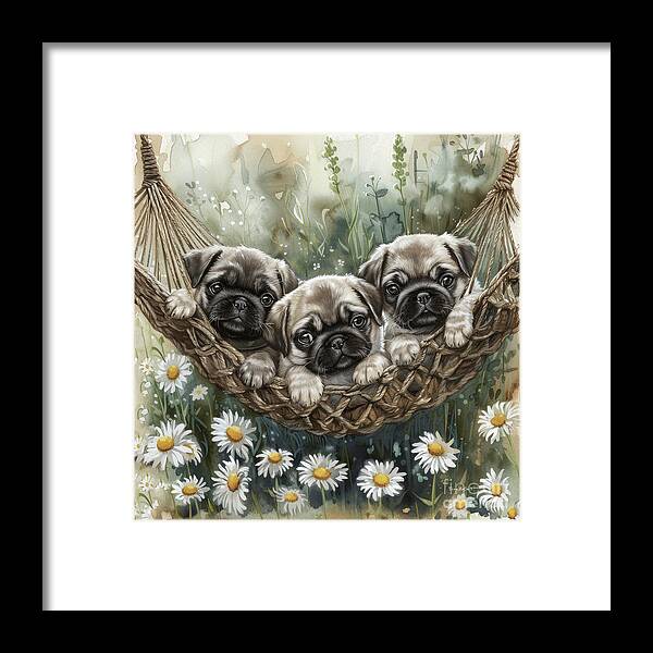 Pug Framed Print featuring the painting Three Snug Pugs by Tina LeCour