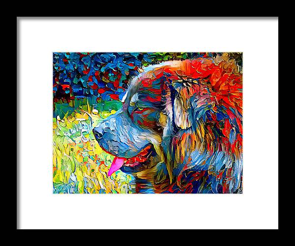 Tibetan Mastiff Framed Print featuring the digital art Tibetan Mastiff dog sitting profile with its mouth open - colorful palette knife oil texture by Nicko Prints