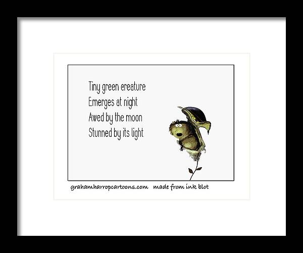 Animals Framed Print featuring the mixed media Tiny green creature by Graham Harrop