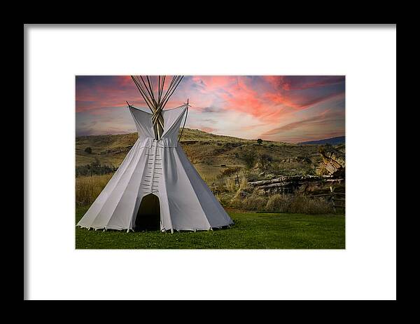 Native Temporary Housing Framed Print featuring the photograph Tipi at Sunset by Laura Putman