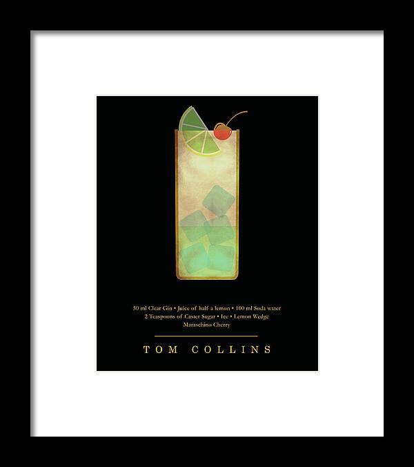 Tom Collins Framed Print featuring the digital art Tom Collins Cocktail - Classic Cocktail Print - Black and Gold - Modern, Minimal Lounge Art by Studio Grafiikka
