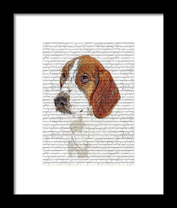 Sad Framed Print featuring the painting Too Adorable Sad Hound Dog - Brick Block Background by Custom Pet Portrait Art Studio