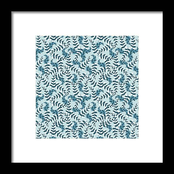 Leaves Framed Print featuring the painting Tossed Blue and White Stylized Leaves by Nikita Coulombe