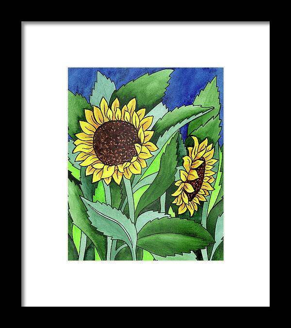 Sunflowers Framed Print featuring the painting Two Happy Sunflowers Flowers In Batik Watercolor Style by Irina Sztukowski