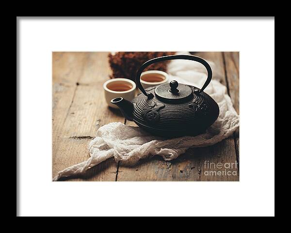 Tea Framed Print featuring the photograph Traditional japanese tea on wooden table by Jelena Jovanovic