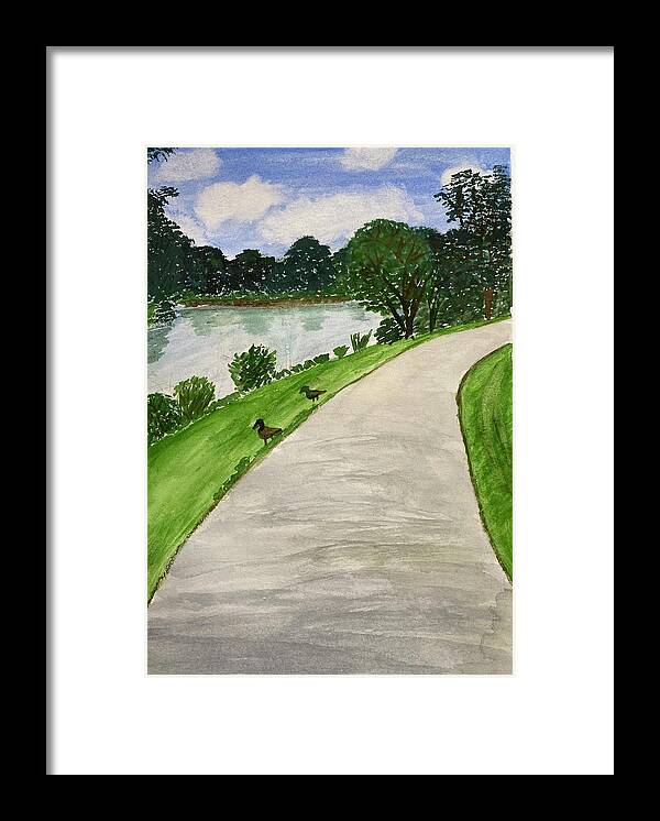 Landscape Framed Print featuring the painting Trail Around the Lake by Sheela Belur