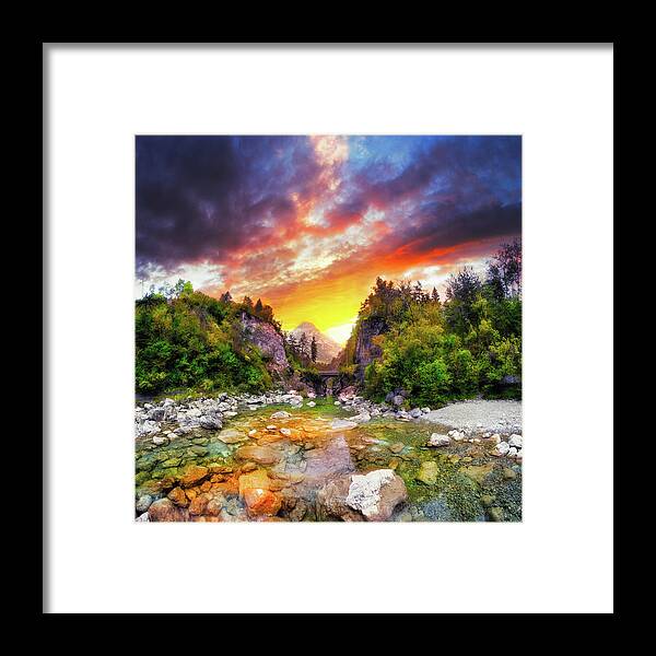 Bridge Framed Print featuring the photograph Tranquil Mountain Pass Sunset River by Eszra Tanner