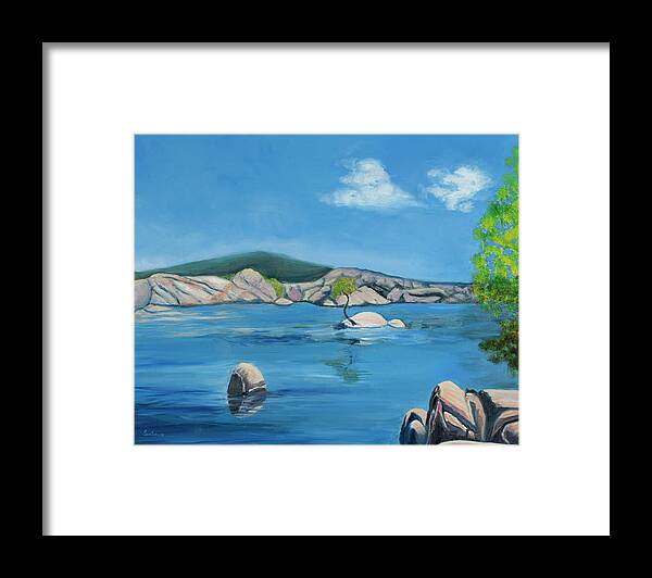 Lake Arizona Stillness Boulders Trees Hill Reflections Framed Print featuring the painting Tranquility by Santana Star