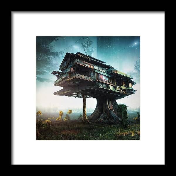 Treehouse Framed Print featuring the digital art Treehouse in the early morning mist by Micah Offman