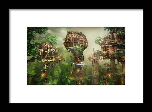Ai Framed Print featuring the digital art Treehouses in the misty rain by Micah Offman