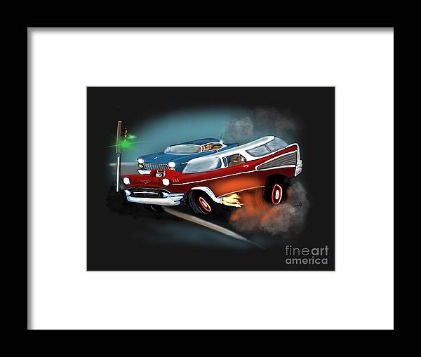 Tri Five Chevy Framed Print featuring the digital art Tri Five Chevy Drag Racing by Doug Gist