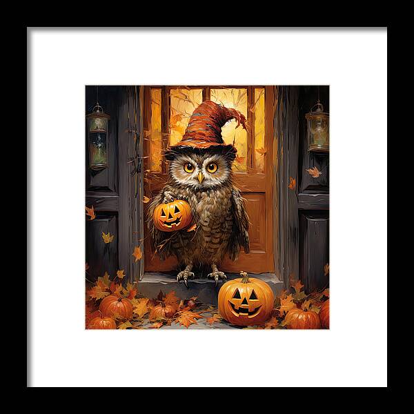 Autumn Owls Framed Print featuring the painting Trick or Treat Art by Lourry Legarde