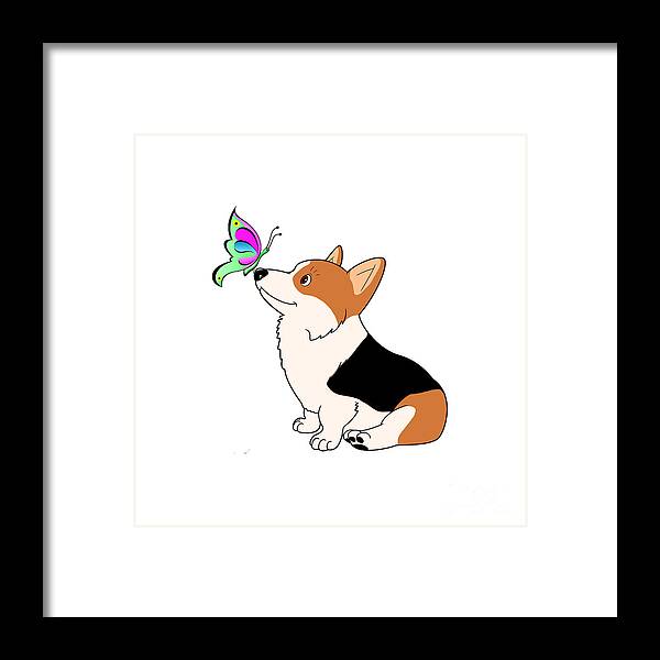 Welsh Corgi Framed Print featuring the digital art Tricolor Corgi with Butterfly by Kathy Kelly