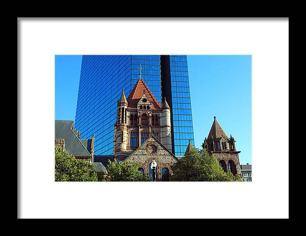 Gothic Style Framed Print featuring the photograph Trinity Church in front of the shiny metallic facade of 200 Clarendon, the former John Hancock Tower by Rainer Grosskopf