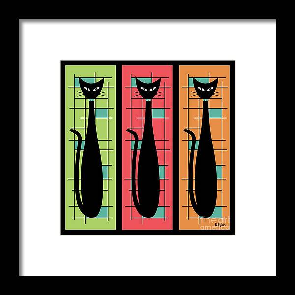 Mid Century Modern Framed Print featuring the digital art Trio of Cats Green, Salmon and Orange on Black by Donna Mibus