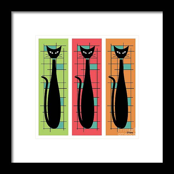 Mid Century Modern Framed Print featuring the digital art Trio of Cats Green, Salmon and Orange on White by Donna Mibus