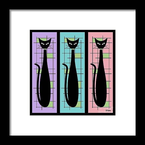 Mid Century Modern Framed Print featuring the digital art Trio of Cats Purple, Blue and Pink on Black by Donna Mibus