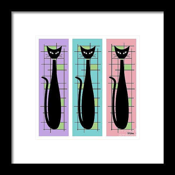 Mid Century Modern Framed Print featuring the digital art Trio of Cats Purple, Blue and Pink on White by Donna Mibus