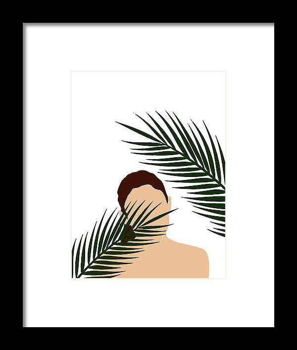 Tropical Framed Print featuring the mixed media Tropical Reverie 16 - Modern, Minimal Illustration - Girl and Palm Leaves - Aesthetic Tropical Vibes by Studio Grafiikka