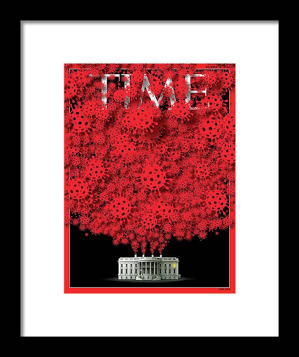 President Donald Trump Framed Print featuring the photograph Trump Covid White House by Time Illustration - viral cell icon - bgblue Getty Image