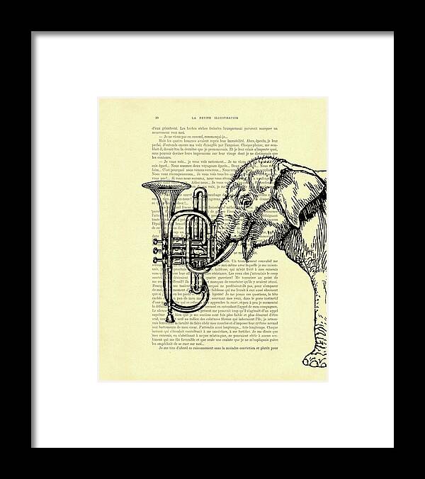 Elephant Framed Print featuring the digital art Trumpet player elephant in black and white by Madame Memento