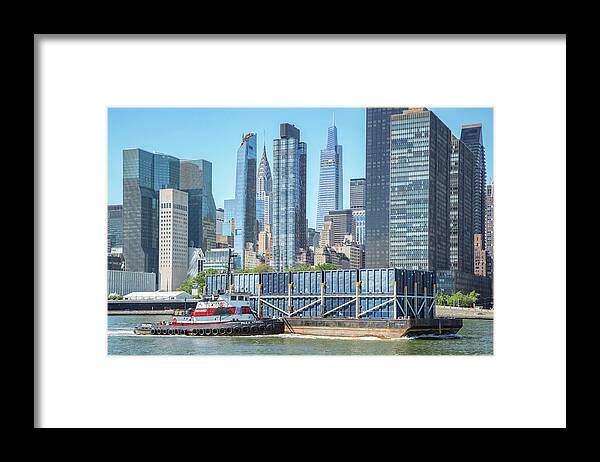 East River Framed Print featuring the photograph Tug and Container Barge by Cate Franklyn