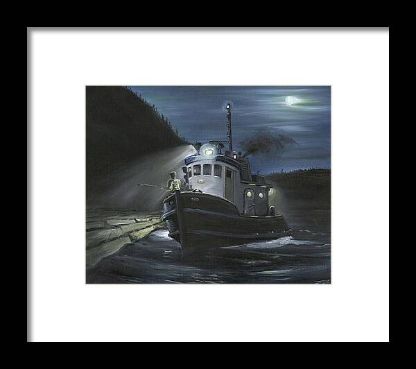 Tugboat Framed Print featuring the painting Tugboat at Night by Scott Dewis