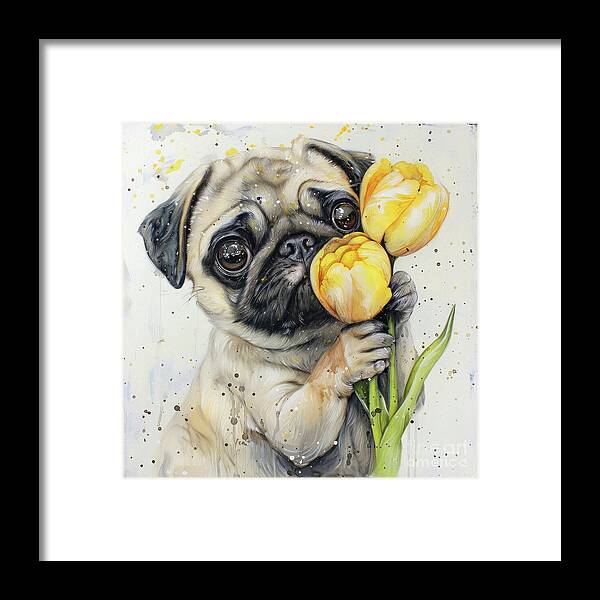 Pug Framed Print featuring the painting Tulip Love Pug by Tina LeCour
