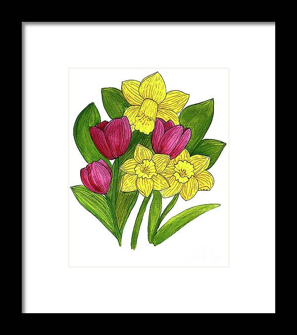 Daffodils Framed Print featuring the mixed media Tulips and Daffodils by Lisa Neuman